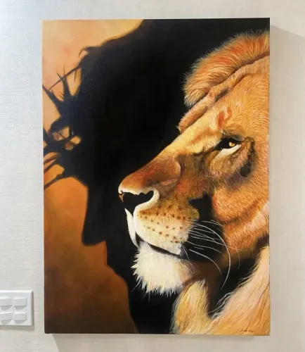 Quadro leão pintado a mão