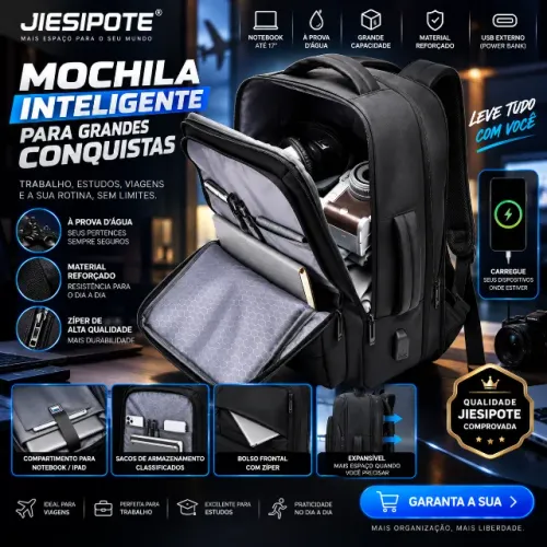 Mochila para Notebook Jiesipote Expansível com Porta USB Externa