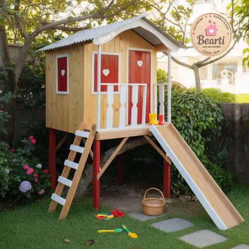 Casinha Infantil Modelo Suspenso com escorregador e escada em madeira