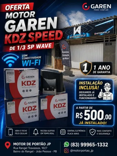 Motor para Portão Garen KDZ 1/3HP SP Wave com Wi-Fi, Com Instalação Já Inclusa