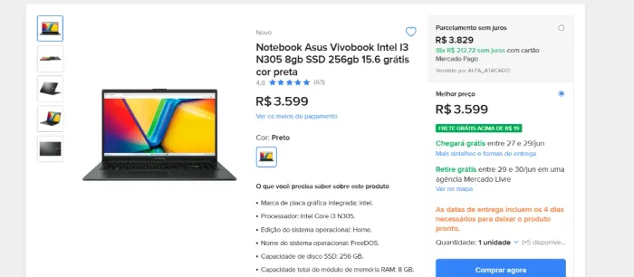 Notebook Asus i3 8GB ram, 512 SSD