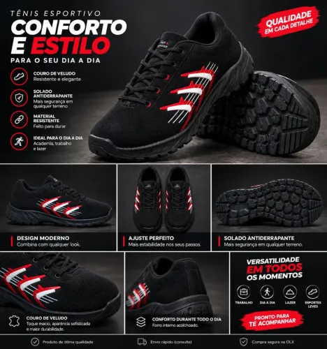 Botina Esportiva Masculina em Couro de Veludo Preta - Confortável e Resistente