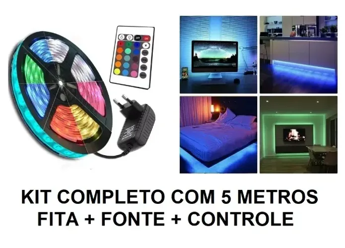 Fita LED Colorida 5050 IP20 com 5 Metros com Controle Sem Fonte