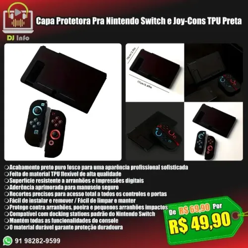 Capa Protetora Pra Nintendo Switch e Joy-Cons TPU Preta