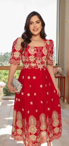 Vestido max midi gode em lese bordado 3d 100% algodão