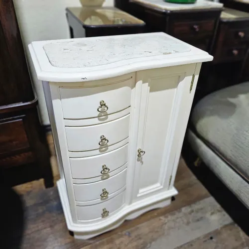 Moveis, Gaveteiro de madeira branco com 5 gavetas e marmore