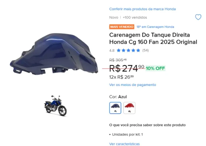 Carenagem do Tanque Direita Honda CG 160 Fan 2025 Original