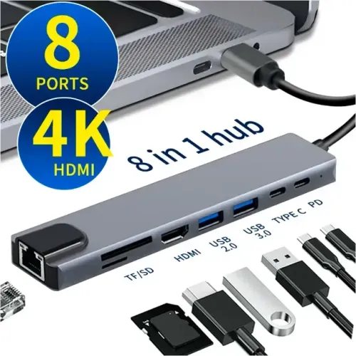 Adaptador Hub USB-C 8 em 1 com HDMI 4K, USB 3.0, RJ45, Micro SD e TF - Entrega Grátis em C