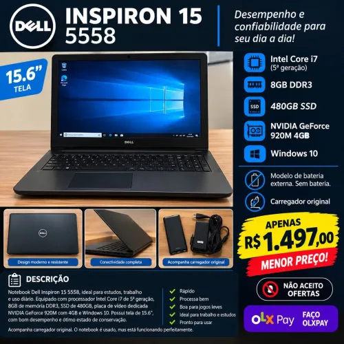 Dell Inspiron 15 5558 i7 5ª Geração 8GB SSD 480GB GeForce 920M 4GB