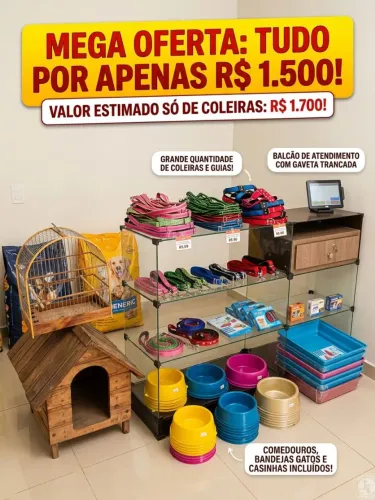 Balcão caixa expositor + coleiras + comedouros + casinhas
