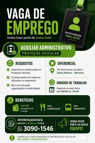 Auxiliar Administrativo - Proteção Veicular | Barreiro