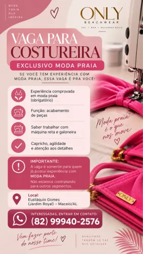 Vaga de costureira moda praia