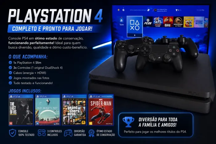 ? PS4 Slim 1TB | 3 Controles | 4 Jogos | Ótimo Estado