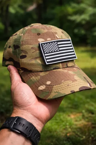 Boné Tático Camuflado + Patch Bandeira EUA | Ajustável