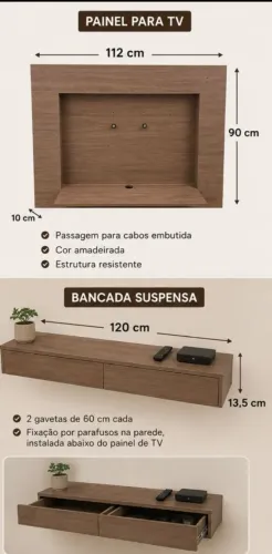 Painel para TV + Bancada Suspensa com 2 Gavetas grandes - Cor Amadeirada