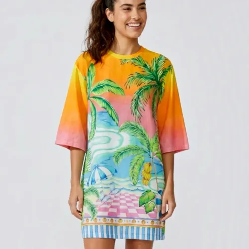 Vestido novo estilo t-shirt. Vestido t-shirt big paisagem solar