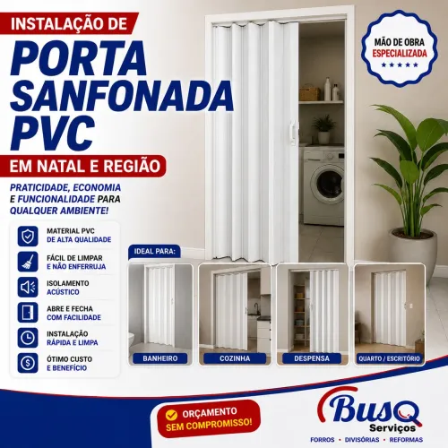 Porta Sanfonada PVC em Natal RN. Instalada. Porta para Quarto. Despensa. Banheiro. Comerci