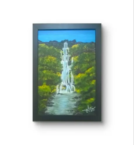 Quadro pintura em MDF - Paisagem Cascata 30x21cm com moldura
