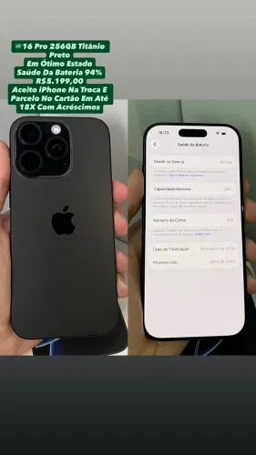 iPhone 16 Pro 256GB Titânio Preto - Saúde Da Bateria 94% (Usado)