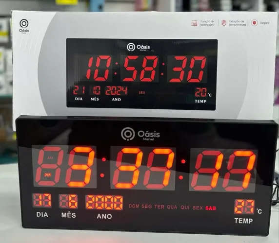 Relógio de parede digital com calendário e temperatura