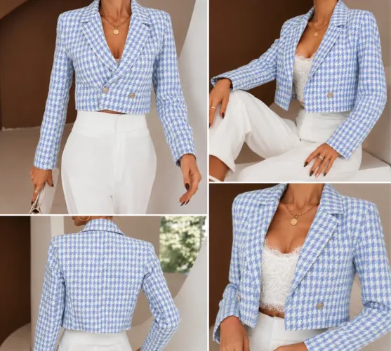 Blazer Cropped Feminino Pied-de-Poule - Tam. P