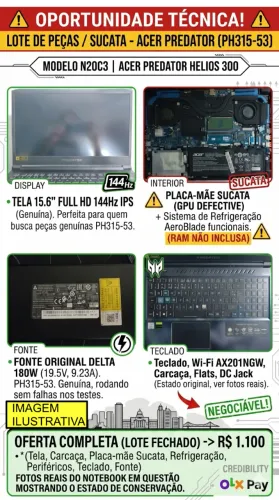 Notebook Gamer Acer Predator Helios 300 (PH315-53) - Para Retirada de Peças / Sucata