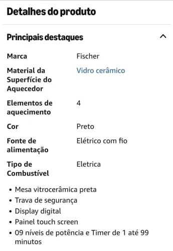 Fischer Cooktop Elétrico Touch 4 Bocas Mesa Vitrocerâmica 220V