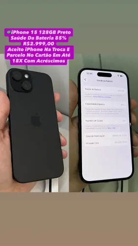 iPhone 15 128GB Preto - Saúde Da Bateria 85% (Usado)