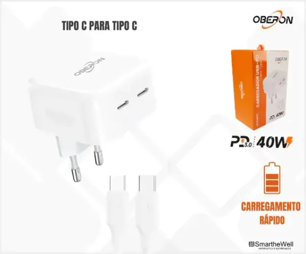 Carregador 2 USB TIPO C Carregamento rápido 40W