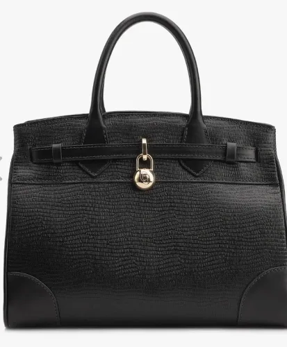 Bolsa Tote Couro Lezard Preto/Couro Preto