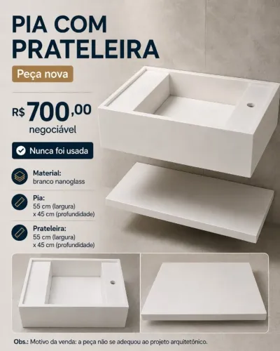 Pia em Nanoglass Branco com Prateleira - Nova