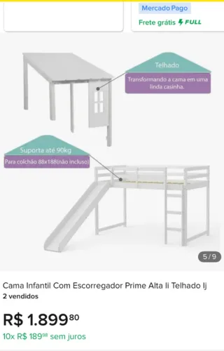 cama infantil com escorregador prime alta li telhado lj