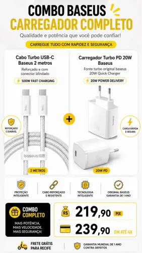Carregador iPhone 15/16/17 pro max baseus completo