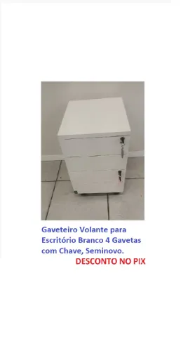 Gaveteiro Volante para Escritório Branco 4 Gavetas com Chave - Seminovo.