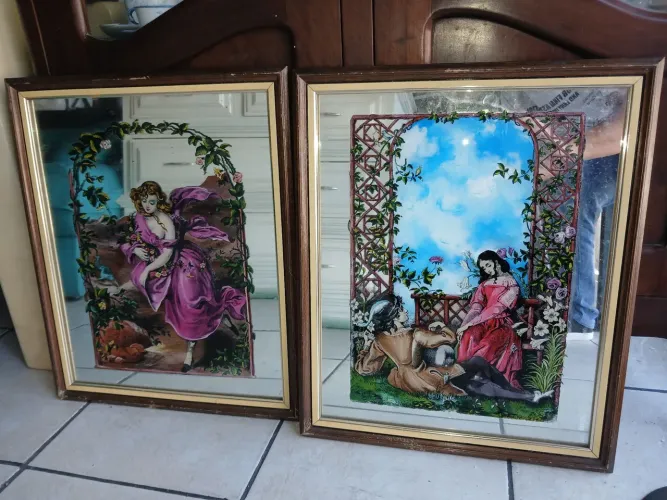 Par de quadros espelhados pintura reversa