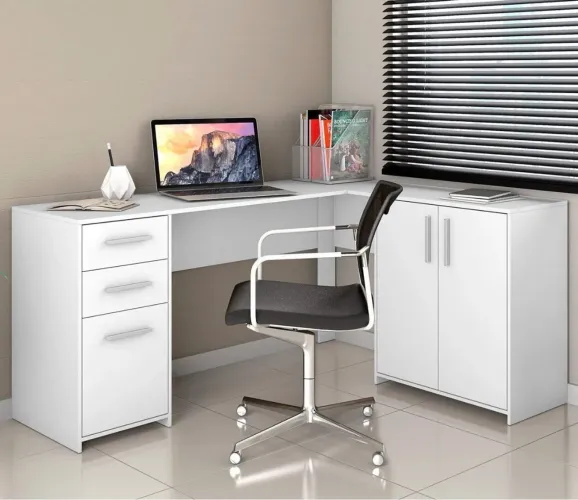 Escrivaninha Mesa Escritório em L Office Nt 2005 2 Gavetas 3 Portas 157cm Branco