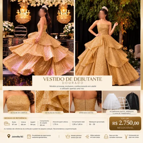 Vestido de Debutante 15 Anos Dourado Glitter - Modelo Princesa