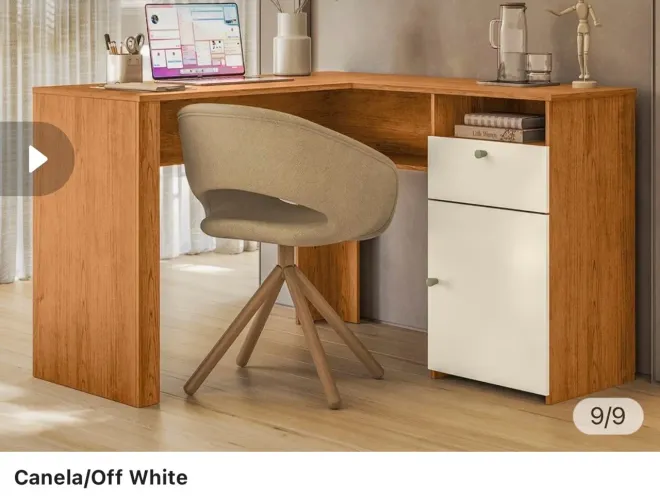 Mesa de escritório em L e cadeira estofada