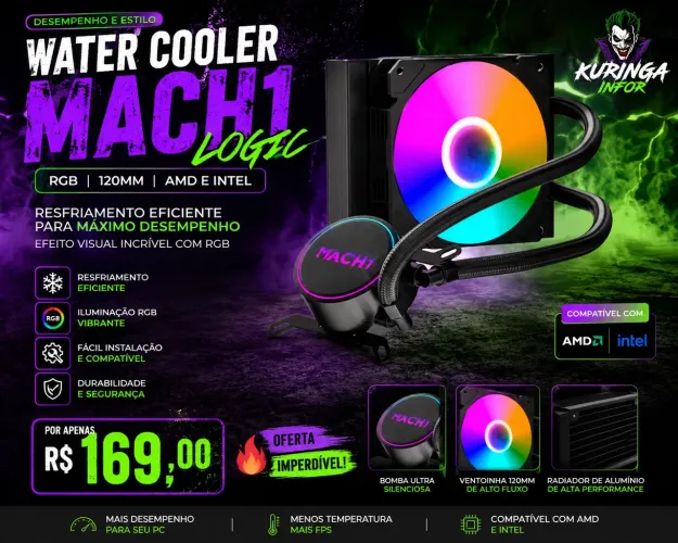Water Cooler MACH1 Logic, RGB, 120mm, AMD e INTEL - preto. ? *R$ 169,00* ?