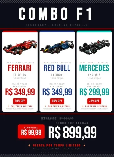 Combo Coleção F1: Ferrari, Mercedes e Red Bull (Compatível Lego)