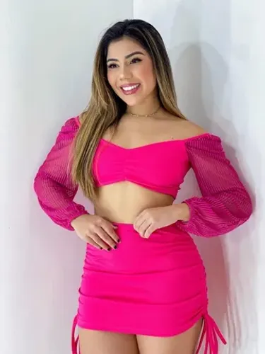 Conjunto Cropped Manga Tule e Saia Gringa