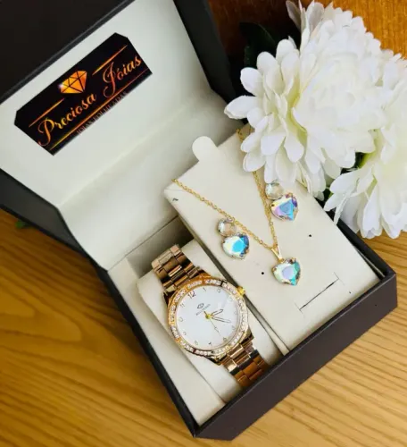 Kit feliz natal relógio feminino e conjunto folheado 