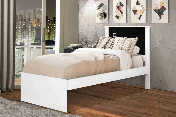 Cama Solteiro Barcelona Branco.Branco Preto
