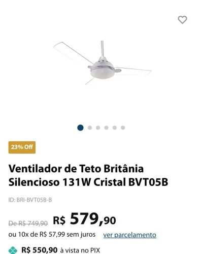 Ventilador de Teto Britânia Silencioso Cristal BVT05B