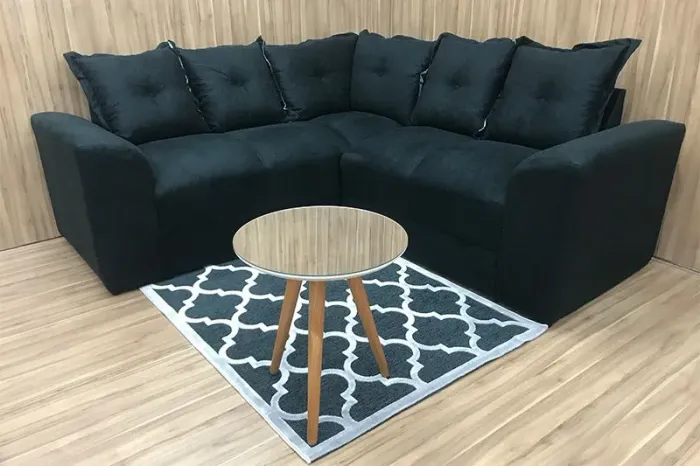 Sofá de Canto Suede Preto 5 Lugares