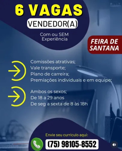 6 Vagas pra vendedor interno 