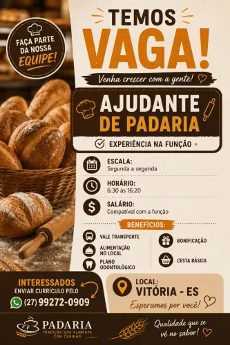 Vaga de Emprego - Ajudante Padaria.