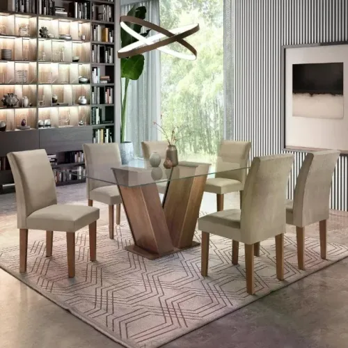Mesa de Jantar 6 Cadeiras Com Tampo Laqueado 1,70m Amêndoa