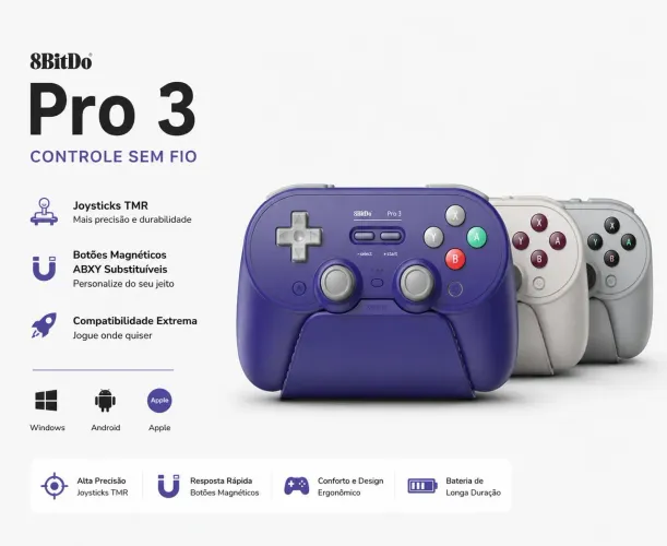 Controle 8BitDo Pro 3 Bluetooth Dock Nintendo Switch PC Steam