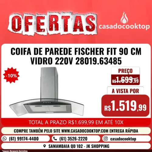COIFA DE PAREDE FISCHER FIT 90 CM VIDRO 220V 28019.63485